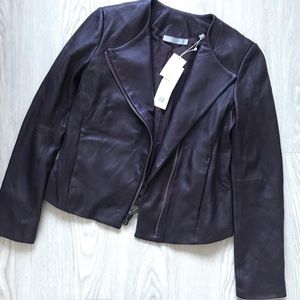 VINCE Leather Cross-Front Moto Jacket Black Cherry  XS